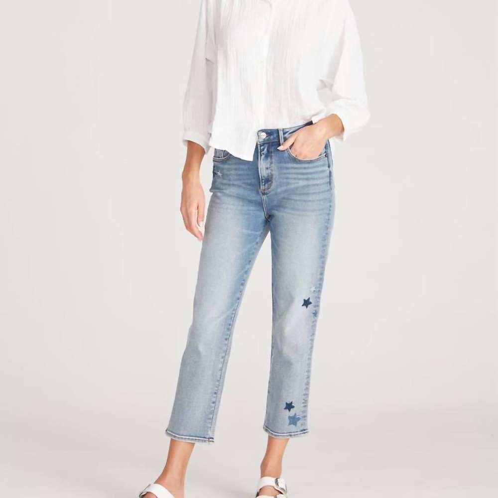 DRIFTWOOD Blue Ankle Cropped Jeans with Embroidered Stars, size 26